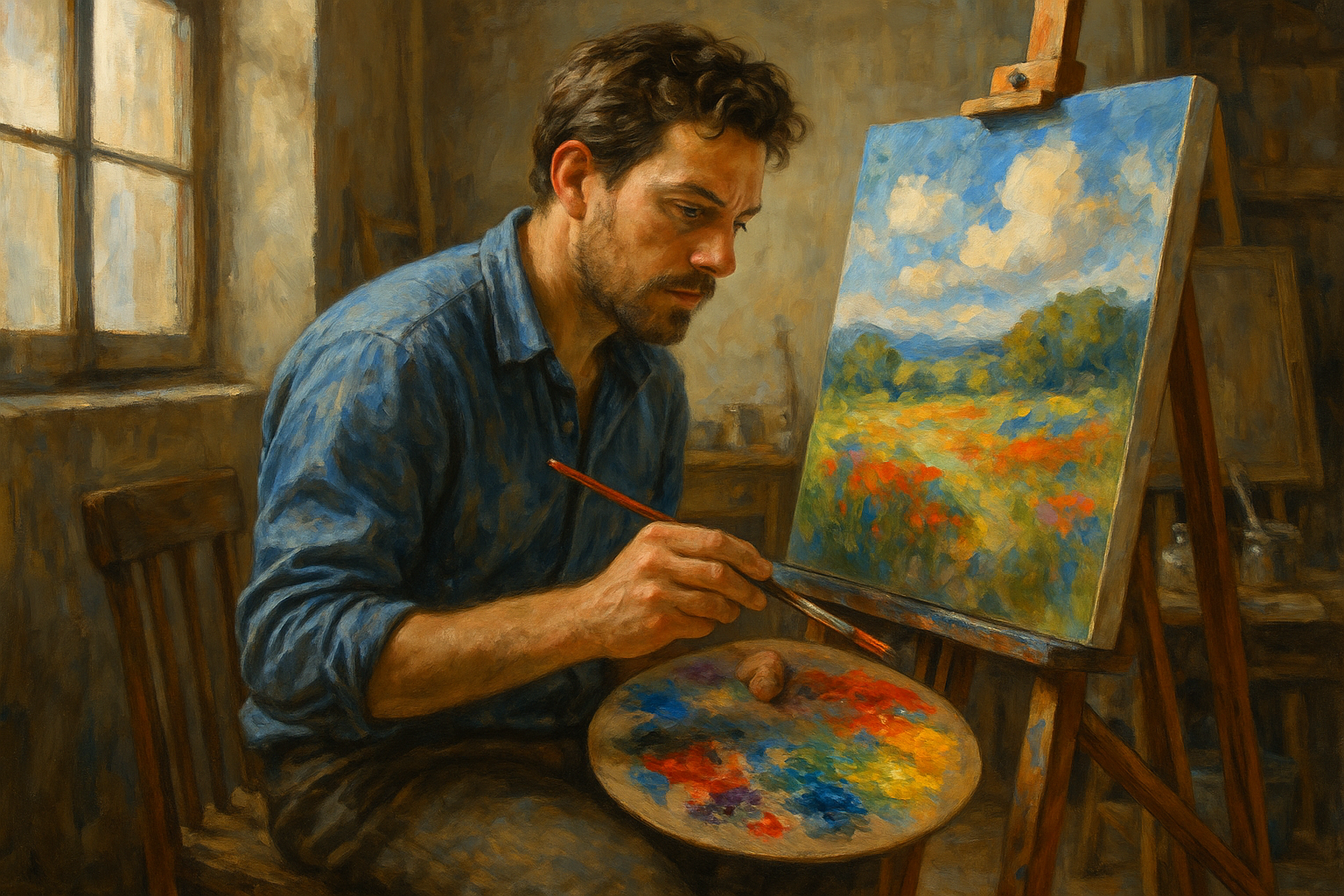 quero uma imagem de um quadro sendo pintado por um pintor 